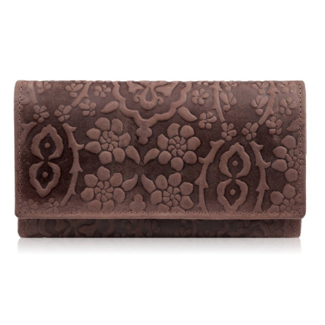 Dámska kožená hnedá veľká peňaženka s kvetinovým vzorom