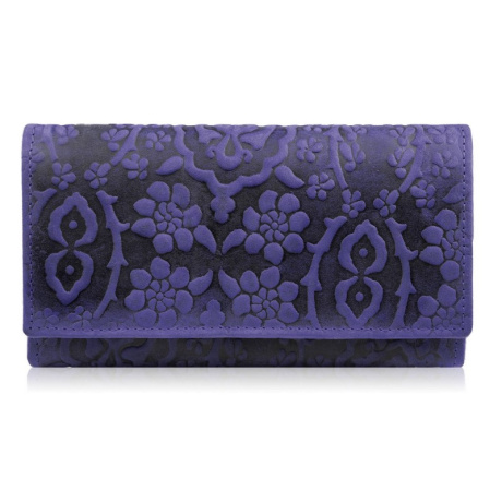 Dámska kožená modrá veľká peňaženka s kvetinovým vzorom