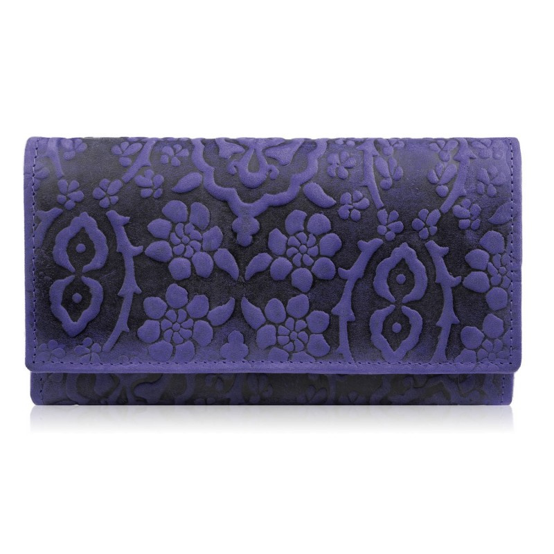 Dámska kožená modrá veľká peňaženka s kvetinovým vzorom