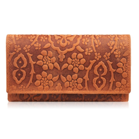 Dámska kožená oranžová veľká peňaženka s kvetinovým vzorom