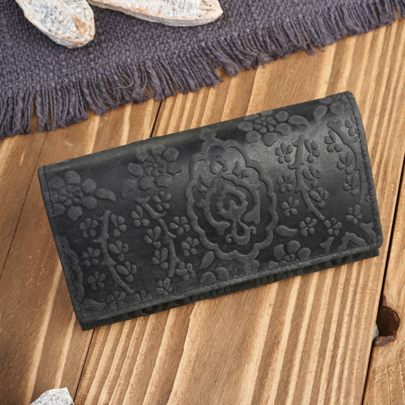 Dámska kožená čierna veľká peňaženka s kvetinovým vzorom