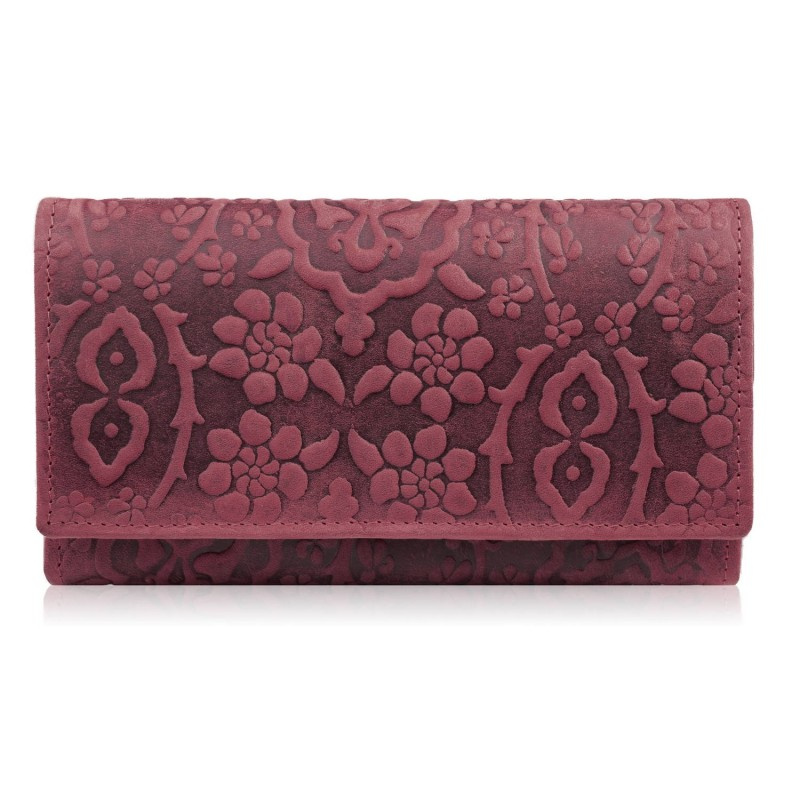 Dámska kožená ružová veľká peňaženka s kvetinovým vzorom