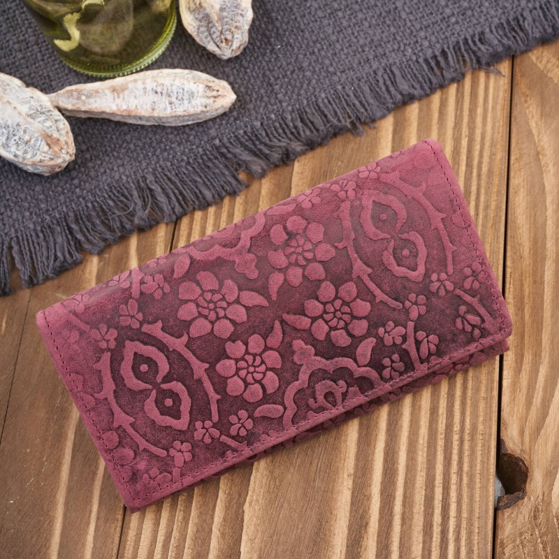 Dámska kožená ružová veľká peňaženka s kvetinovým vzorom