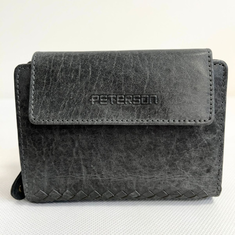 Dámska kožená sivočierna peňaženka s pleteným zdobením