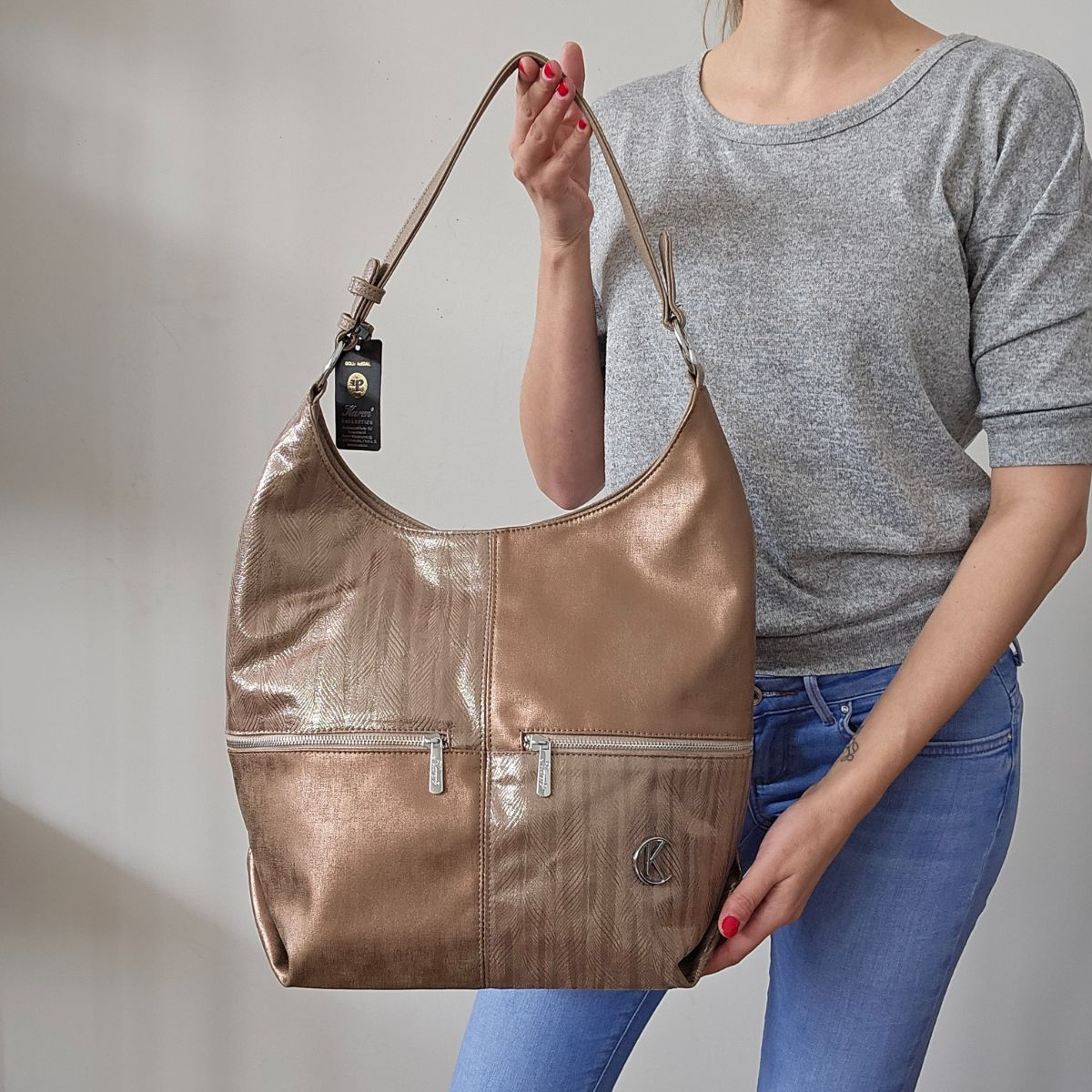 Veľká dámska kabelka na rameno taupe, medená