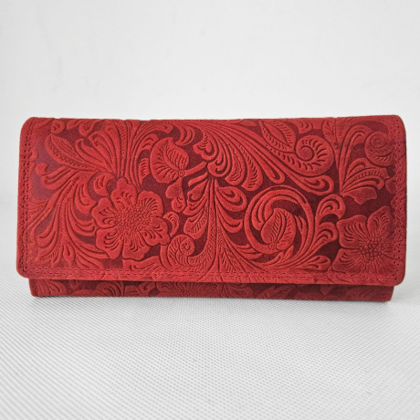 Dámska kožená červená vintage peňaženka s kvetinovým vzorom