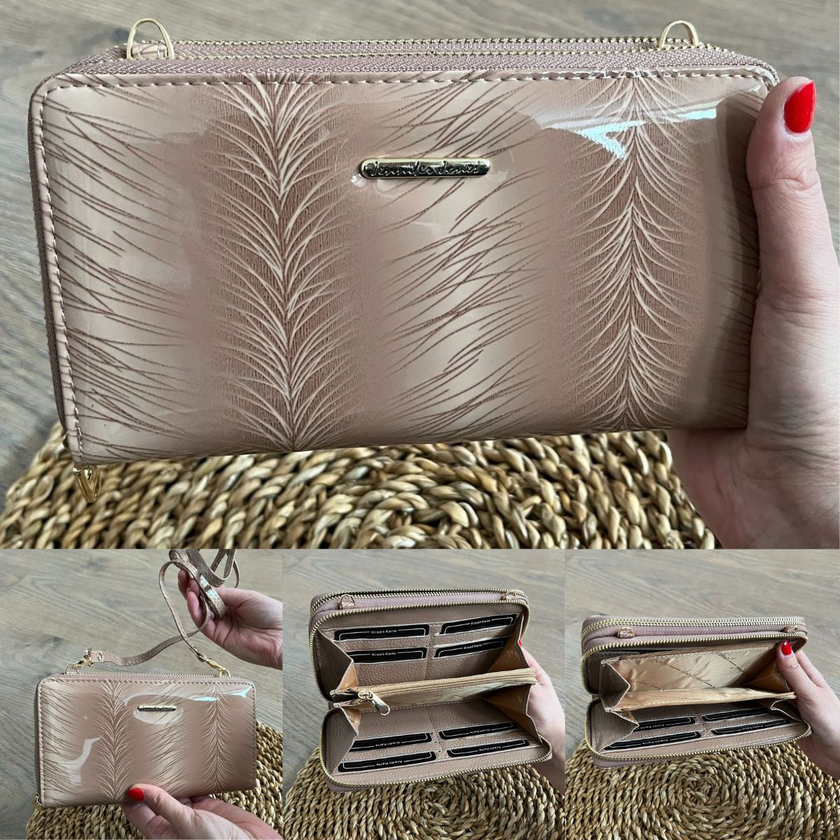 Béžová dámska kožená kabelko-peňaženka.