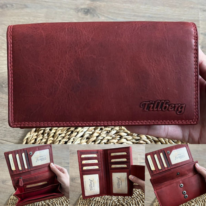 Červená kožená dámska peňaženka s množstvom priečinkov na karty.