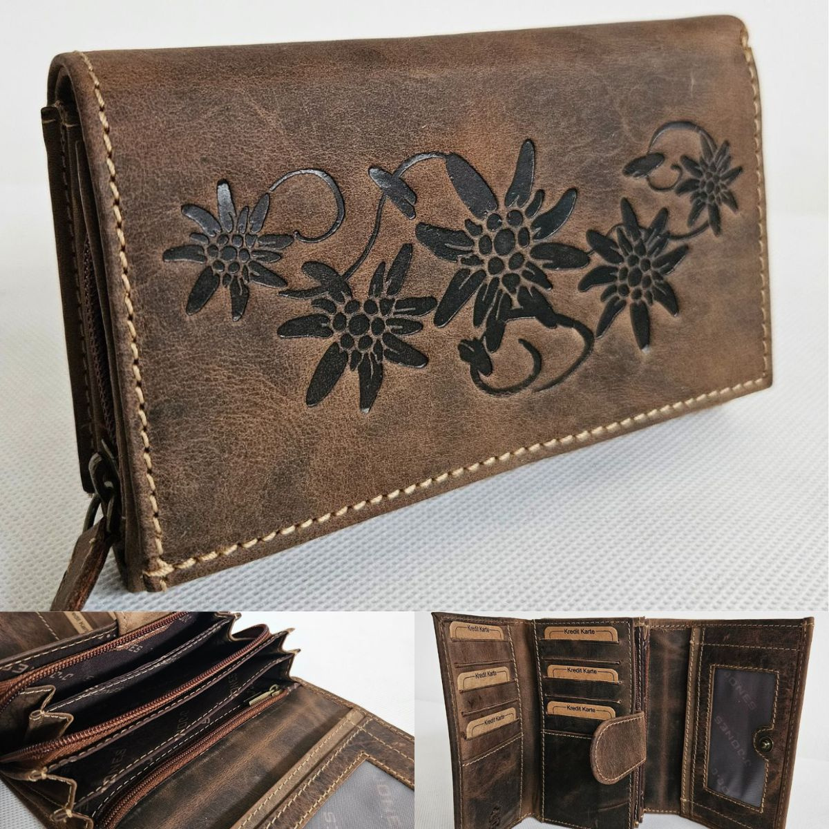 Hnedá dámska kožená peňaženka so zadnou samostatnou časťou s priečinkami na karty.