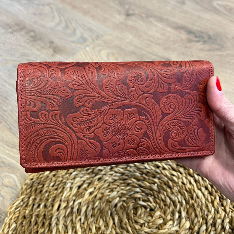 Dámska kožená peňeženka červená s kvetinovým vzorom