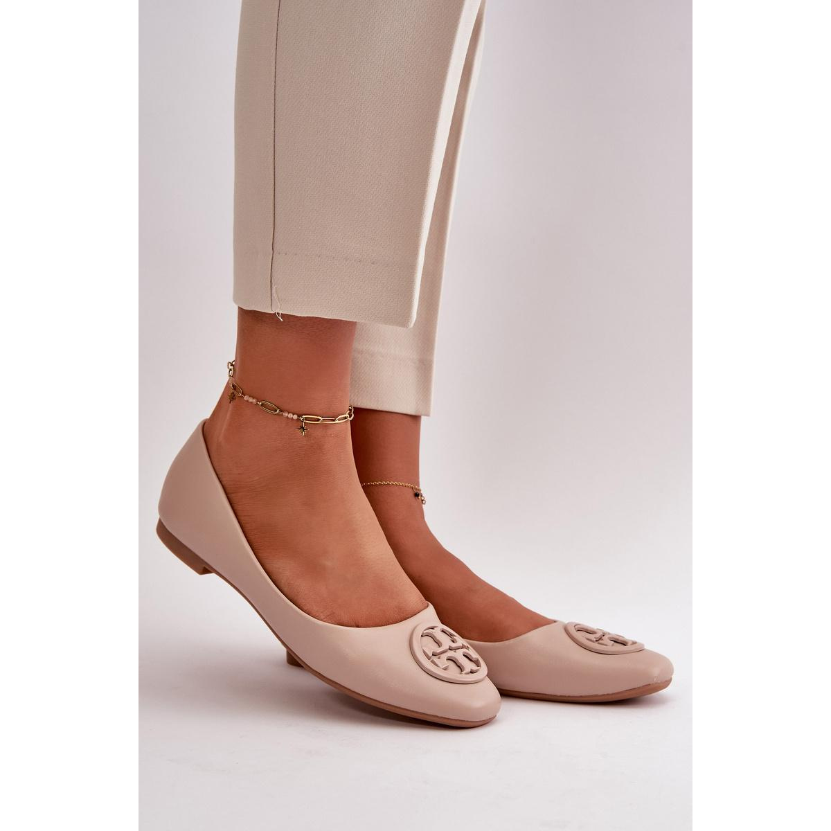 Dámske baleríny s ozdobou z eko-kože béžové Rhodike - Béžová