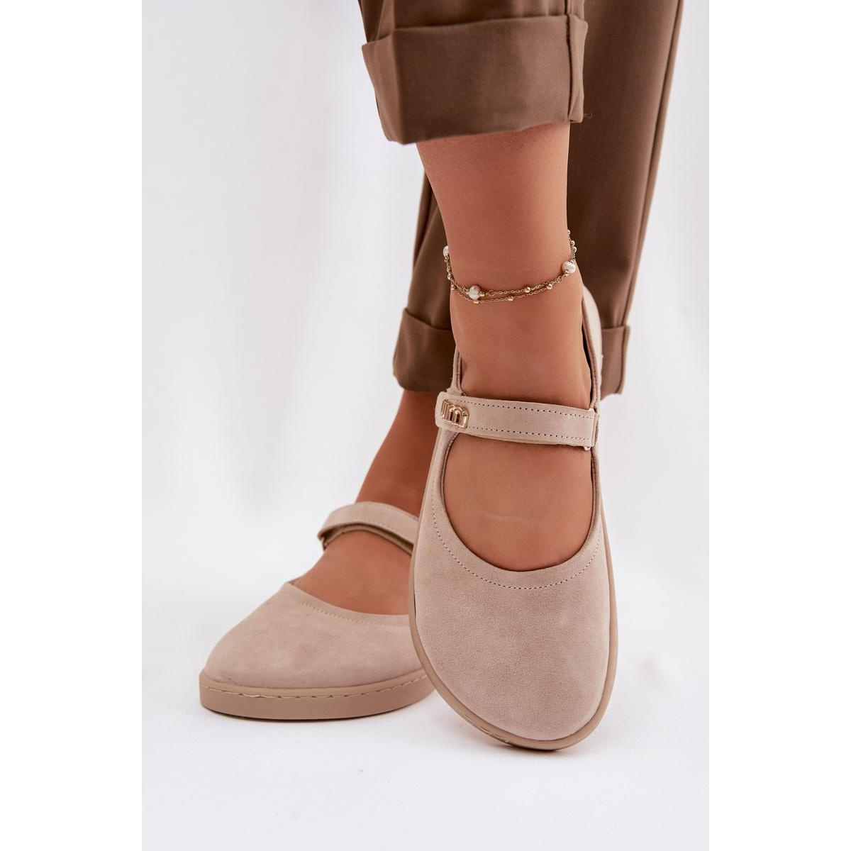 Kožené semišové baleríny Barefoot s remienkom Zazoo 10206 béžové - Béžová