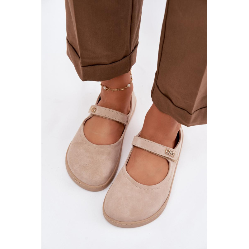Kožené semišové baleríny Barefoot s remienkom Zazoo 10206 béžové - Béžová