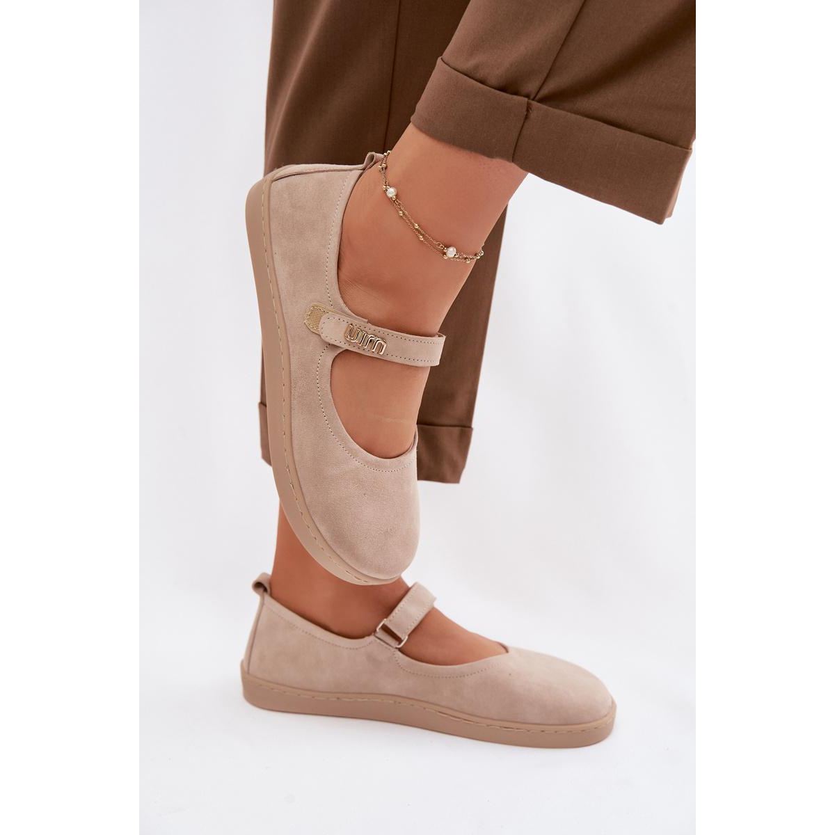 Kožené semišové baleríny Barefoot s remienkom Zazoo 10206 béžové - Béžová