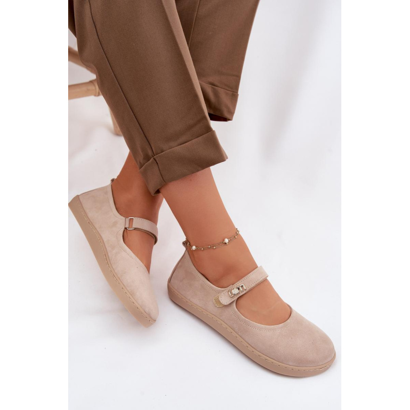 Kožené semišové baleríny Barefoot s remienkom Zazoo 10206 béžové - Béžová