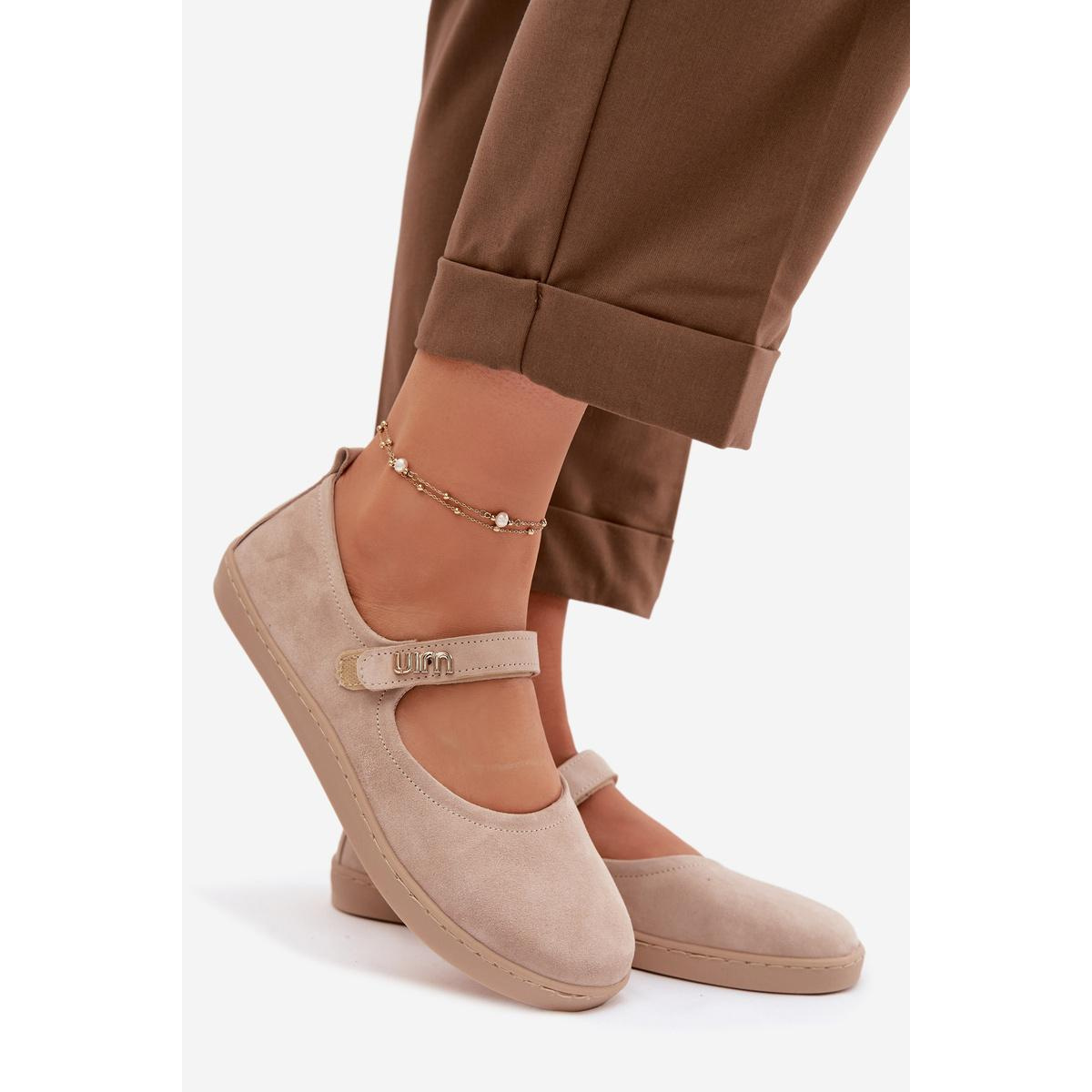 Kožené semišové baleríny Barefoot s remienkom Zazoo 10206 béžové - Béžová