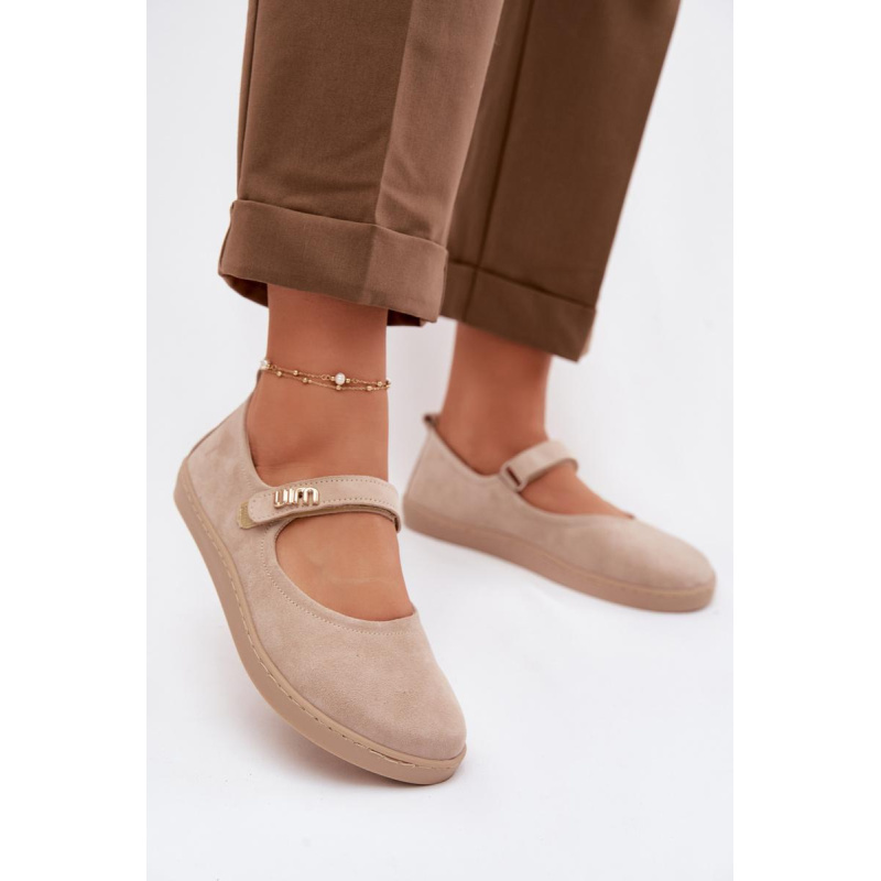 Kožené semišové baleríny Barefoot s remienkom Zazoo 10206 béžové - Béžová