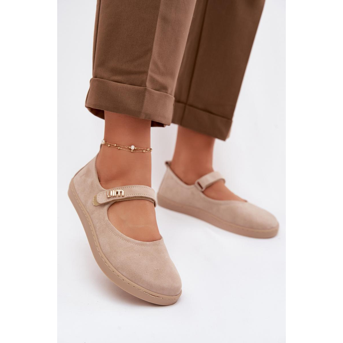 Kožené semišové baleríny Barefoot s remienkom Zazoo 10206 béžové - Béžová