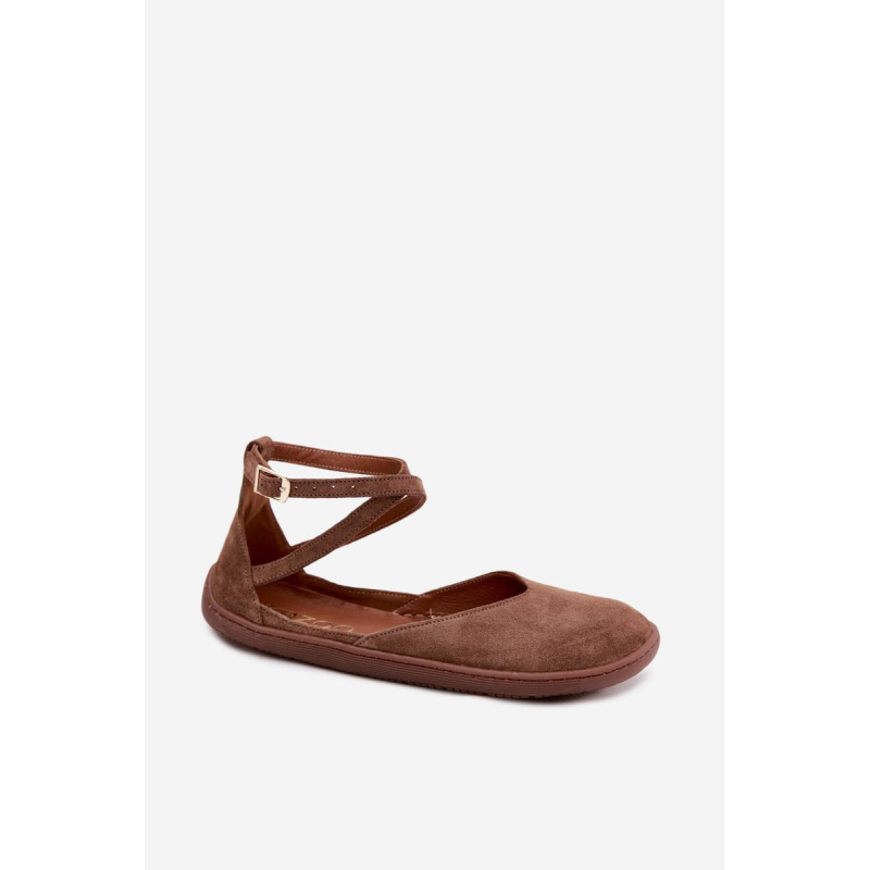 Kožené semišové dámske baleríny Barefoot so stuhami Zazoo 320 Hnedé - Odtiene hnedej a béžovej