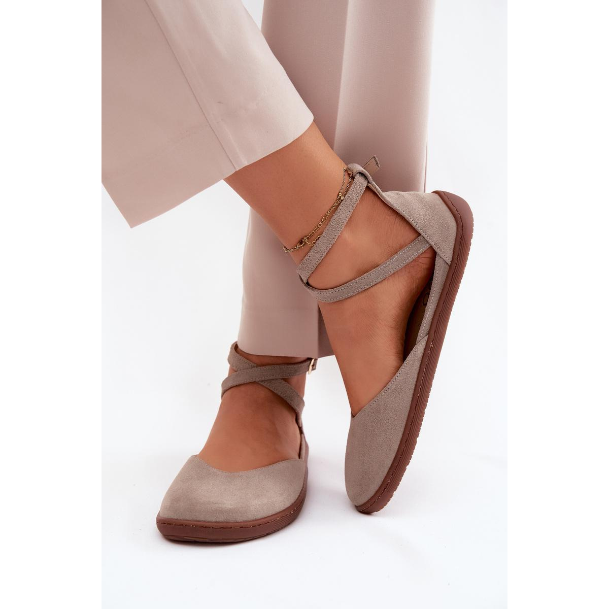 Kožené dámske baleríny Barefoot S Páskami Zazoo 320 Cappuccino - Béžová