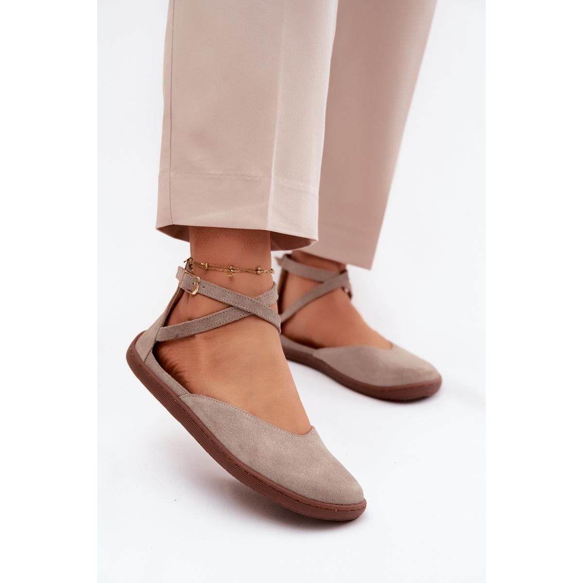Kožené dámske baleríny Barefoot S Páskami Zazoo 320 Cappuccino - Béžová