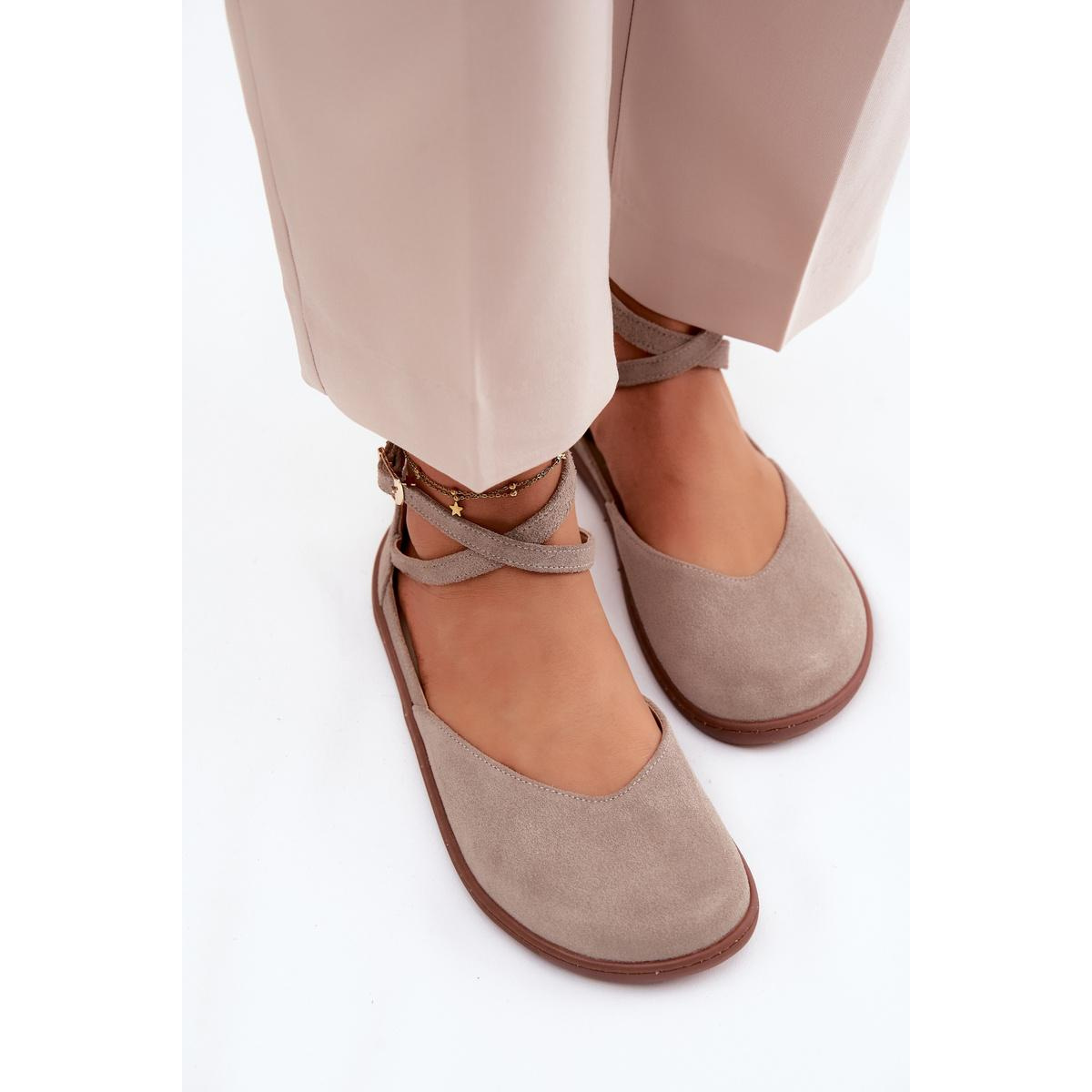 Kožené dámske baleríny Barefoot S Páskami Zazoo 320 Cappuccino - Béžová