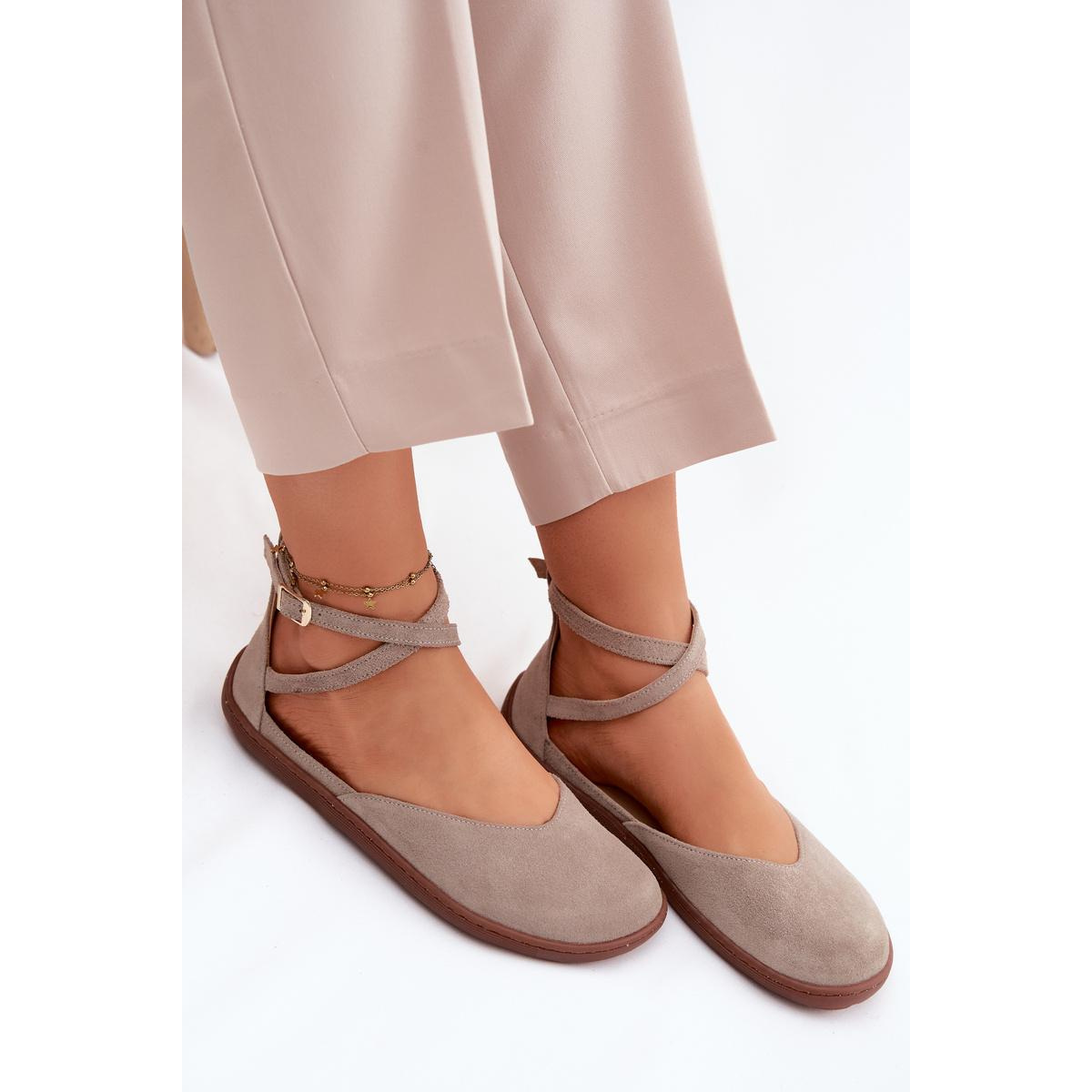 Kožené dámske baleríny Barefoot S Páskami Zazoo 320 Cappuccino - Béžová