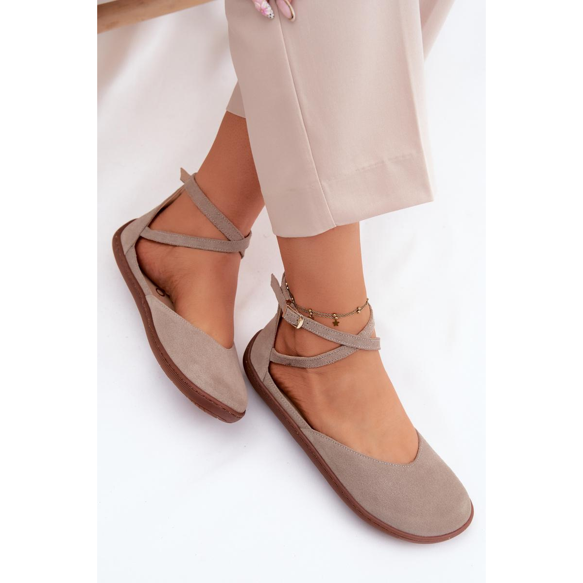 Kožené dámske baleríny Barefoot S Páskami Zazoo 320 Cappuccino - Béžová