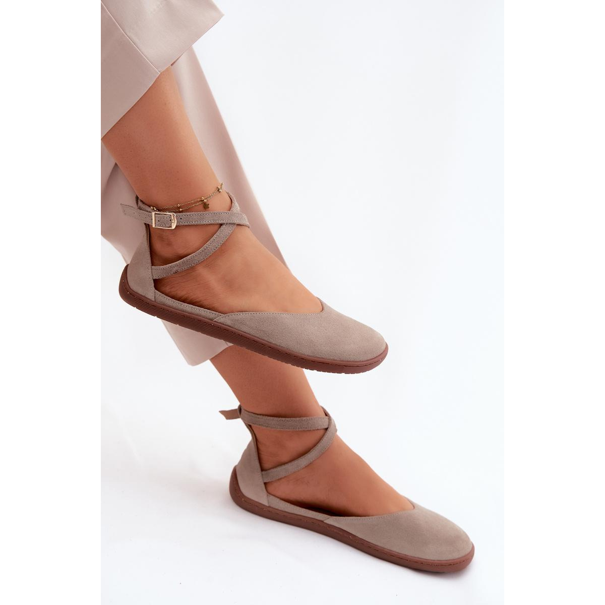 Kožené dámske baleríny Barefoot S Páskami Zazoo 320 Cappuccino - Béžová