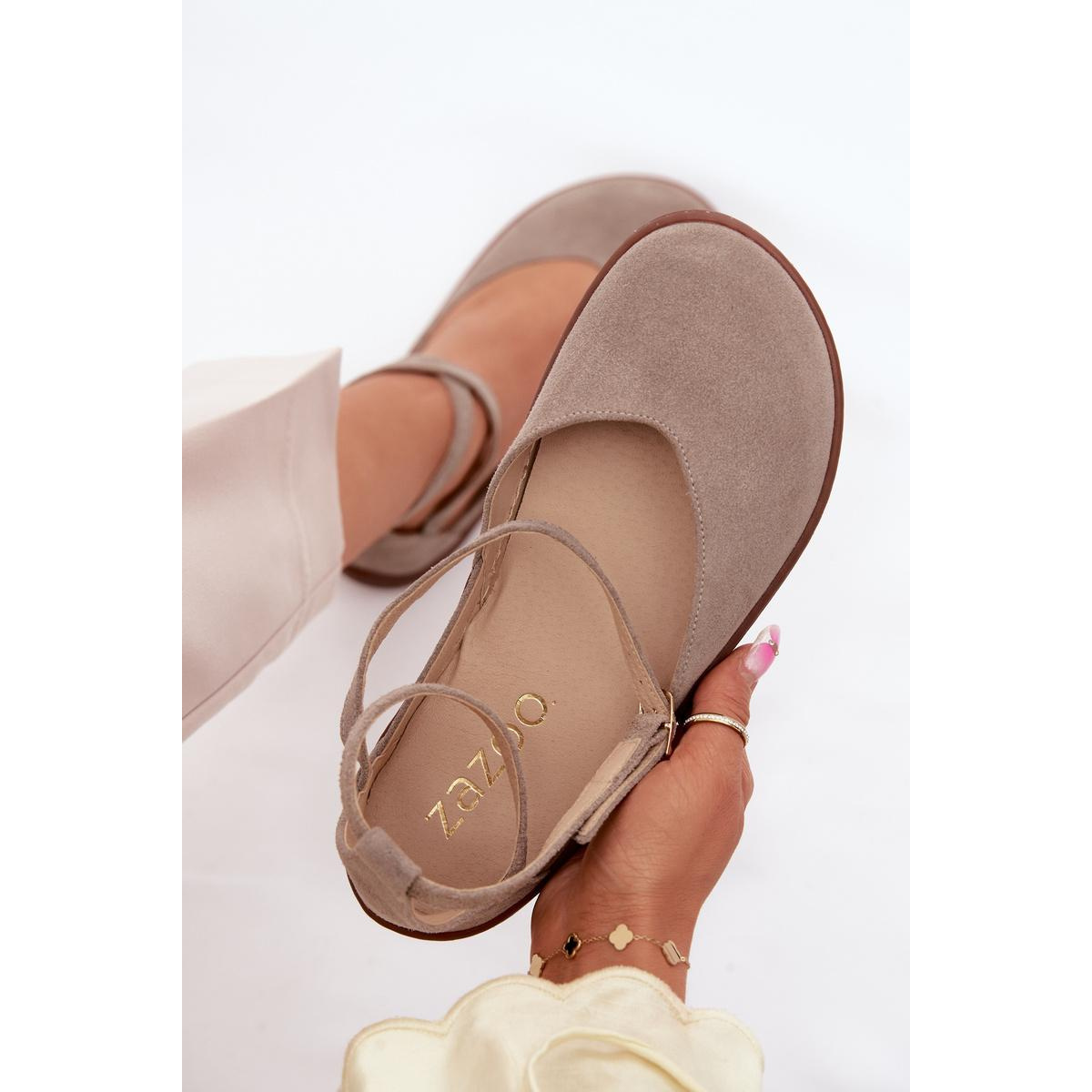 Kožené dámske baleríny Barefoot S Páskami Zazoo 320 Cappuccino - Béžová