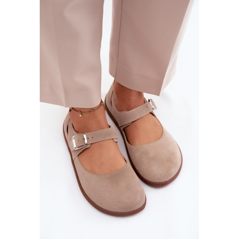 Kožené semišové baleríny Barefoot s remienkom Zazoo N1319 béžové