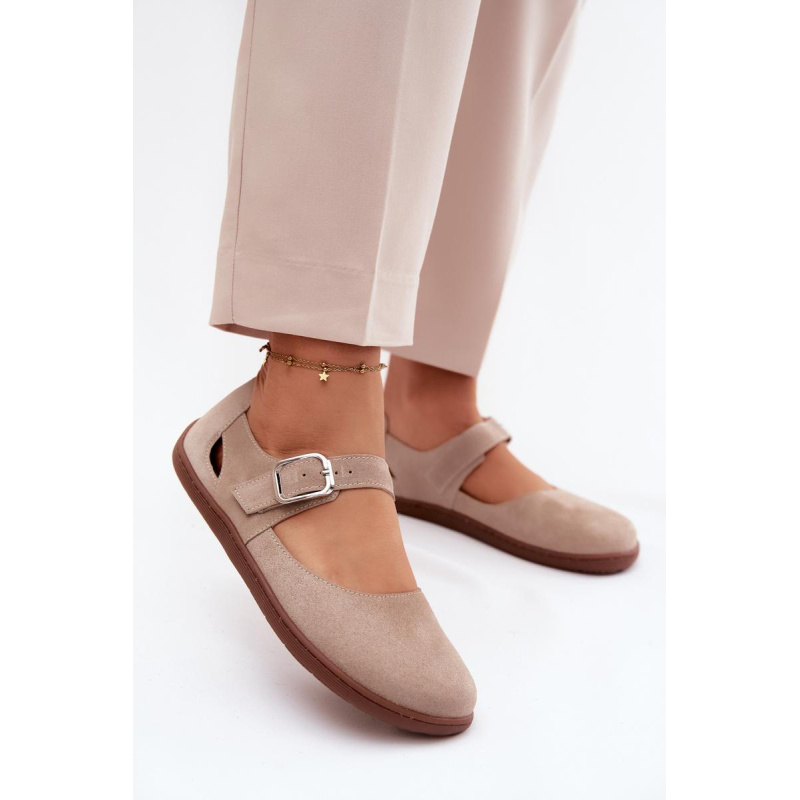 Kožené semišové baleríny Barefoot s remienkom Zazoo N1319 béžové