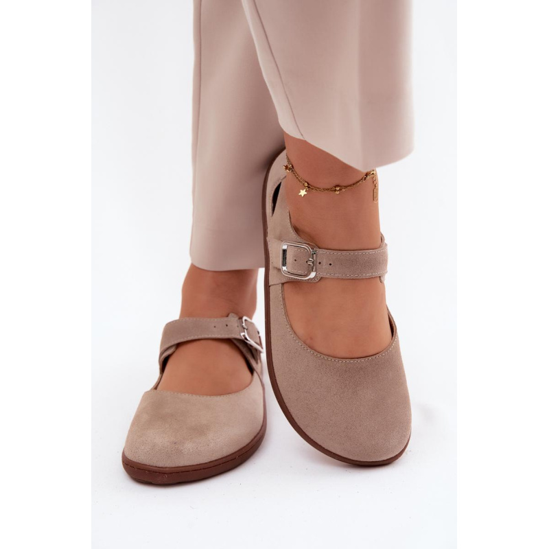 Kožené semišové baleríny Barefoot s remienkom Zazoo N1319 béžové