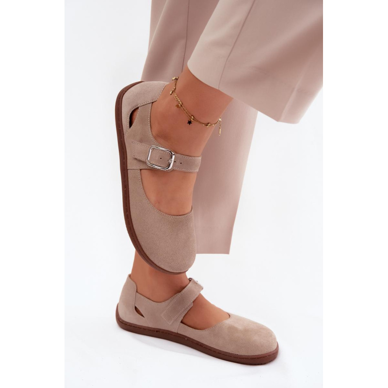 Kožené semišové baleríny Barefoot s remienkom Zazoo N1319 béžové