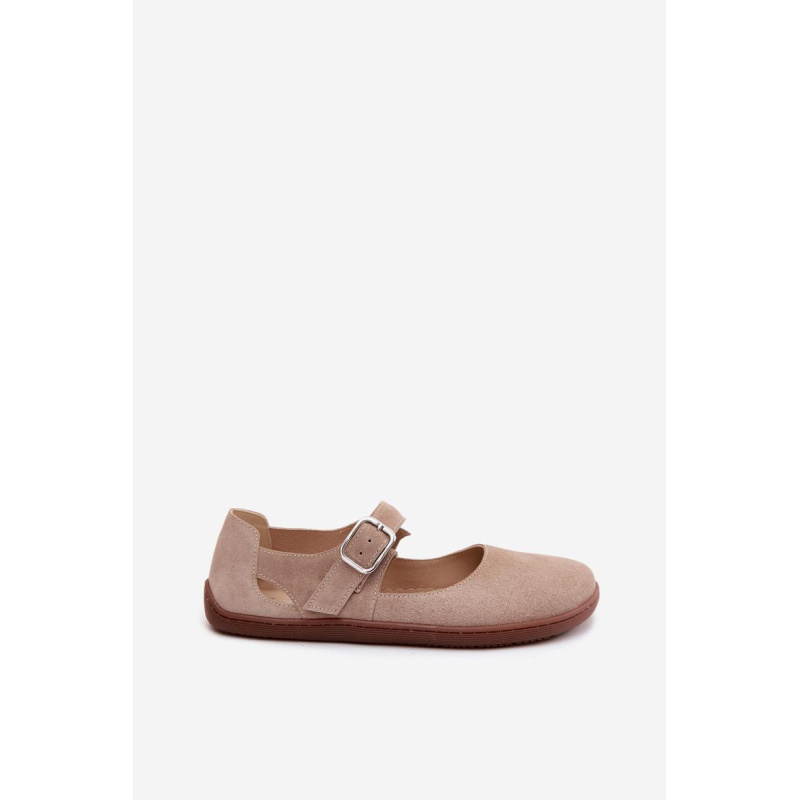 Kožené semišové baleríny Barefoot s remienkom Zazoo N1319 béžové