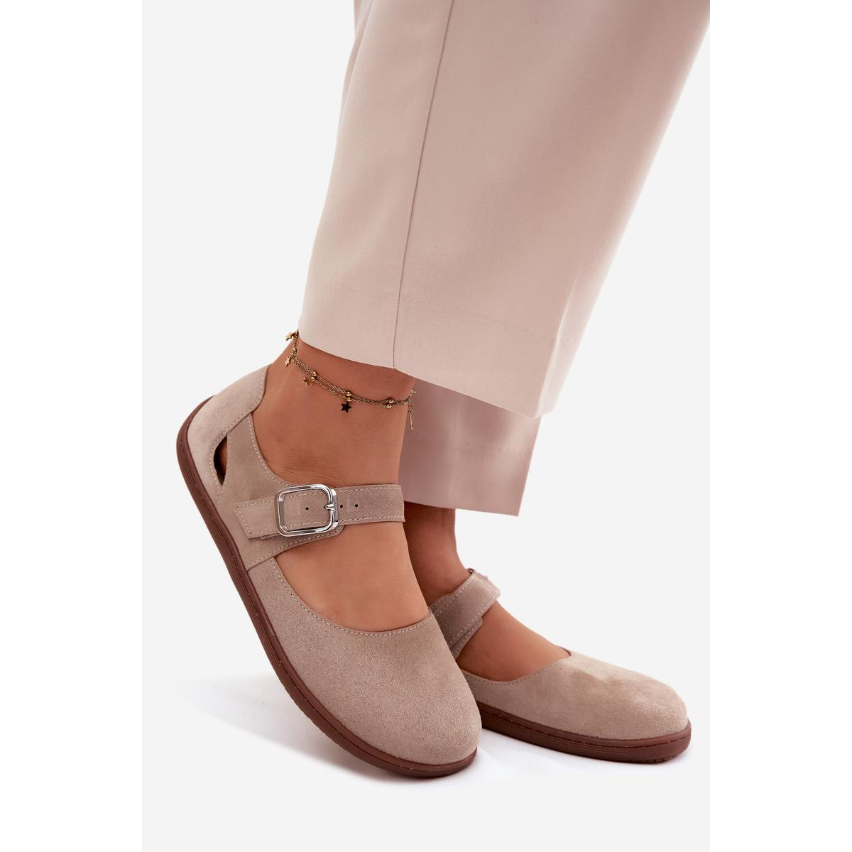 Kožené semišové baleríny Barefoot s remienkom Zazoo N1319 béžové