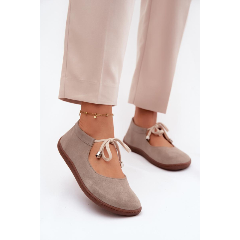 Kožené Semišové Baleríny Barefoot na Šnúrky Zazoo 021 Cappuccino - Béžová