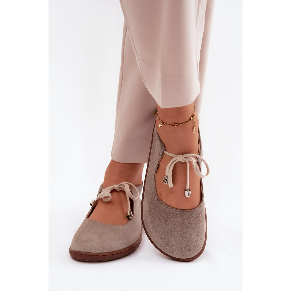 Kožené Semišové Baleríny Barefoot na Šnúrky Zazoo 021 Cappuccino - Béžová