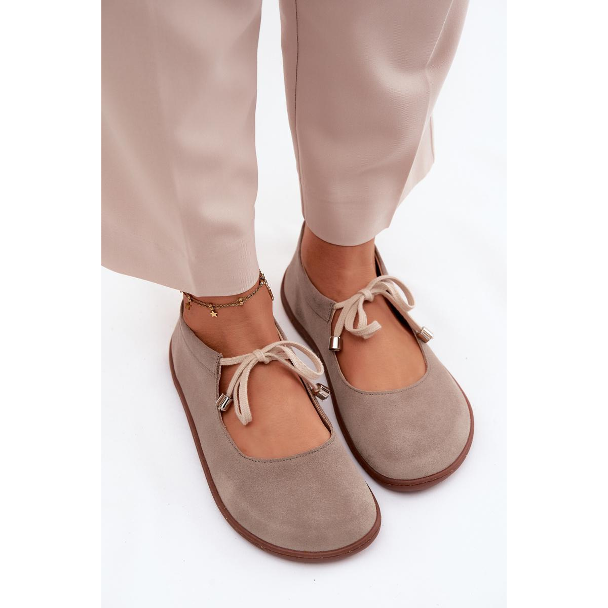 Kožené Semišové Baleríny Barefoot na Šnúrky Zazoo 021 Cappuccino - Béžová