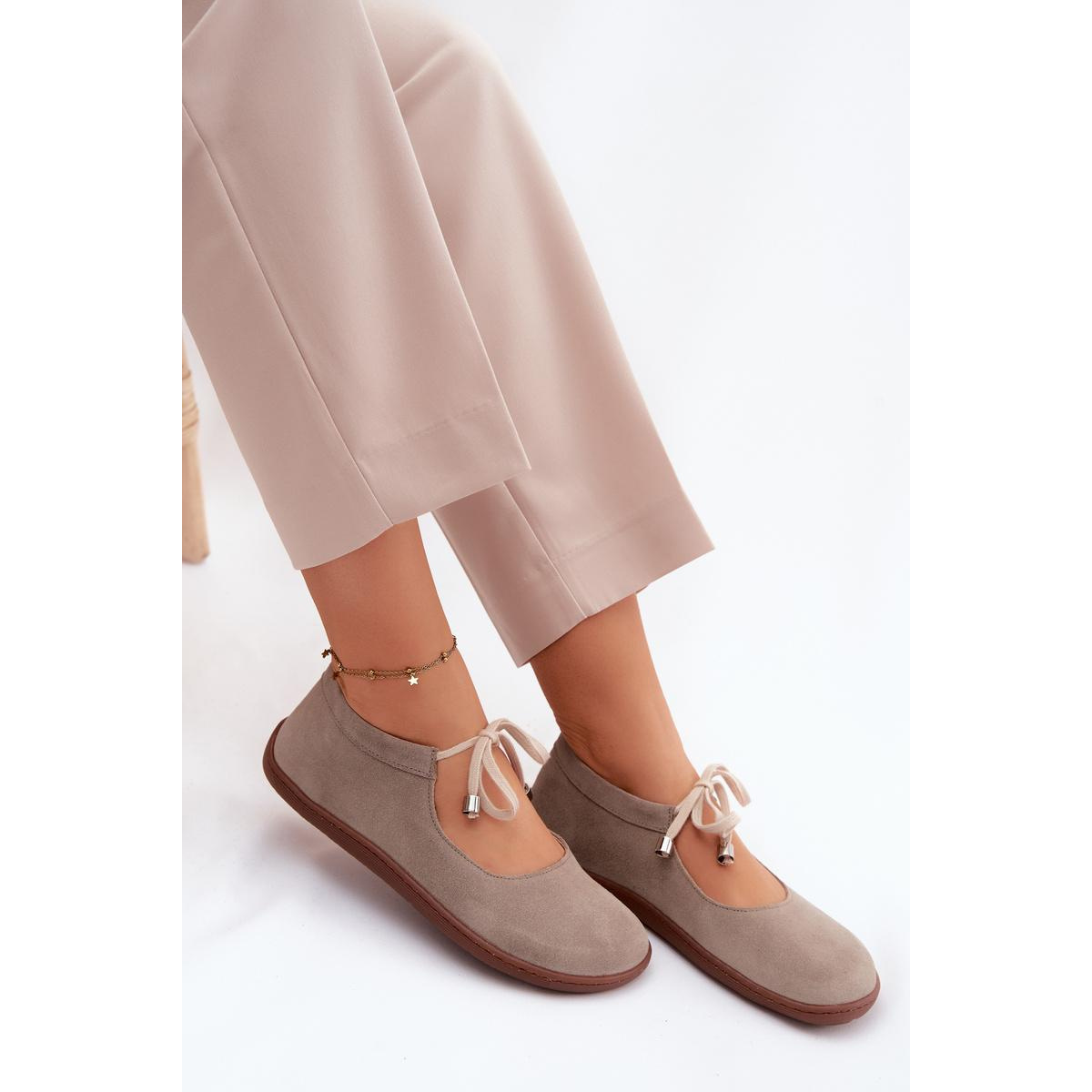 Kožené Semišové Baleríny Barefoot na Šnúrky Zazoo 021 Cappuccino - Béžová