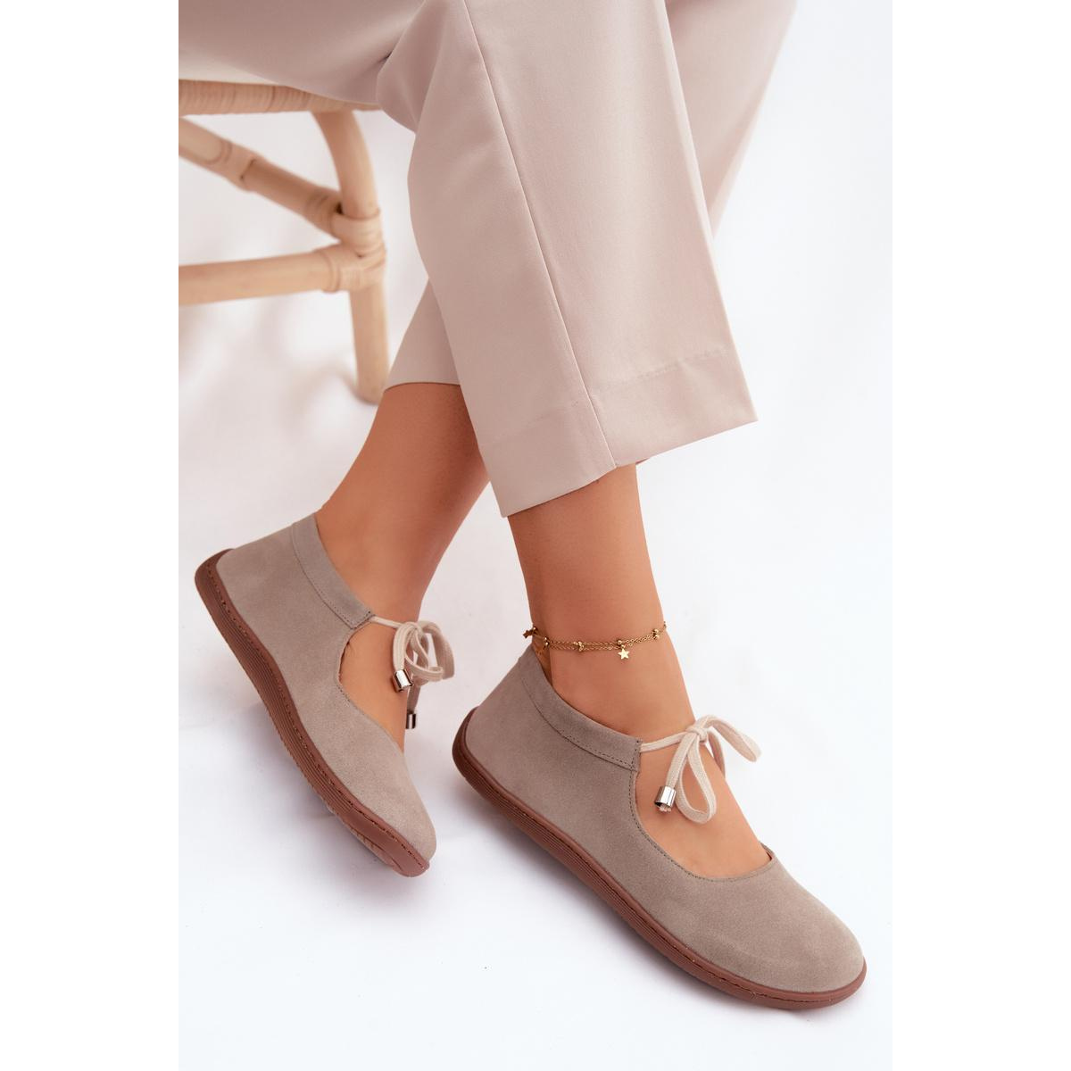 Kožené Semišové Baleríny Barefoot na Šnúrky Zazoo 021 Cappuccino - Béžová