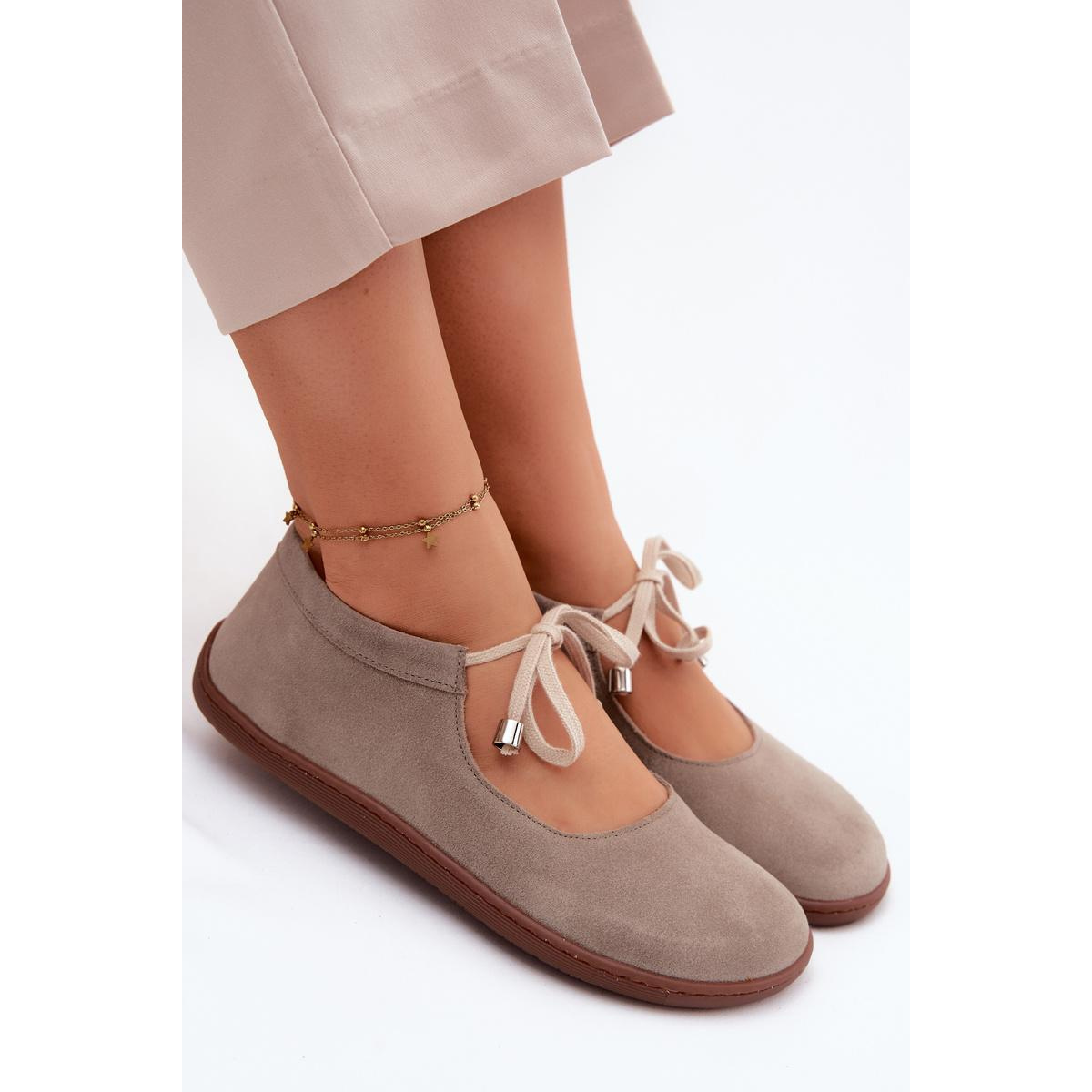 Kožené Semišové Baleríny Barefoot na Šnúrky Zazoo 021 Cappuccino - Béžová