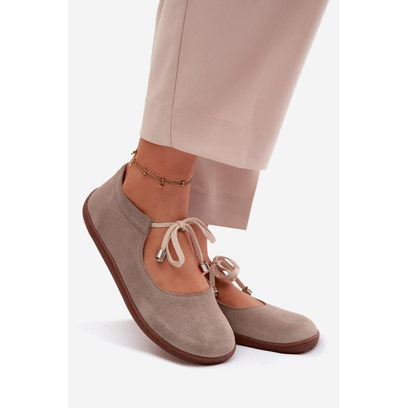 Kožené Semišové Baleríny Barefoot na Šnúrky Zazoo 021 Cappuccino - Béžová