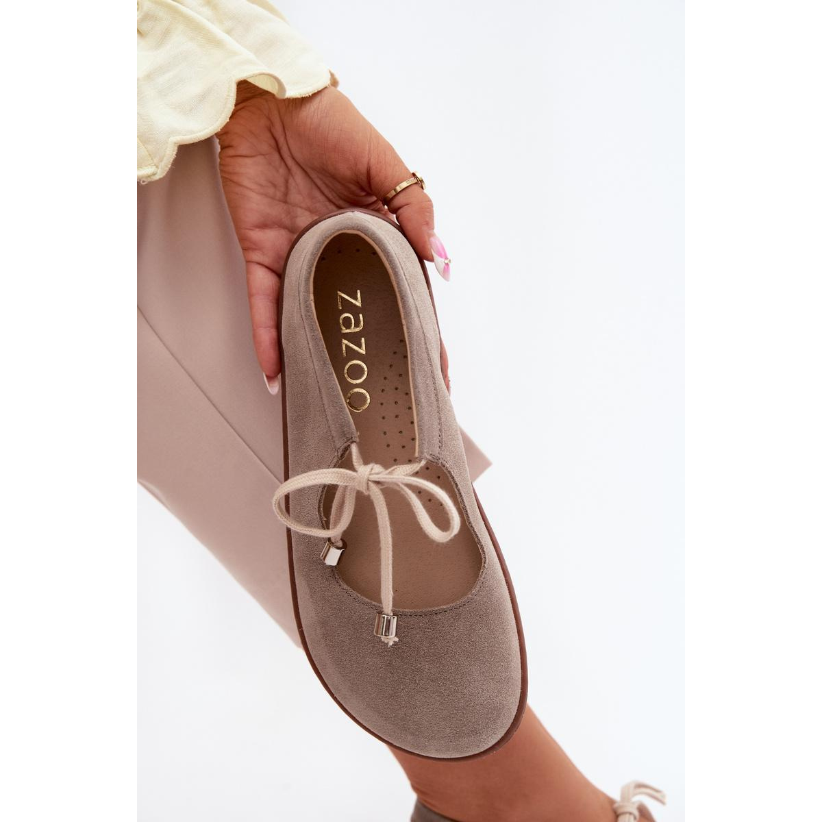 Kožené Semišové Baleríny Barefoot na Šnúrky Zazoo 021 Cappuccino - Béžová
