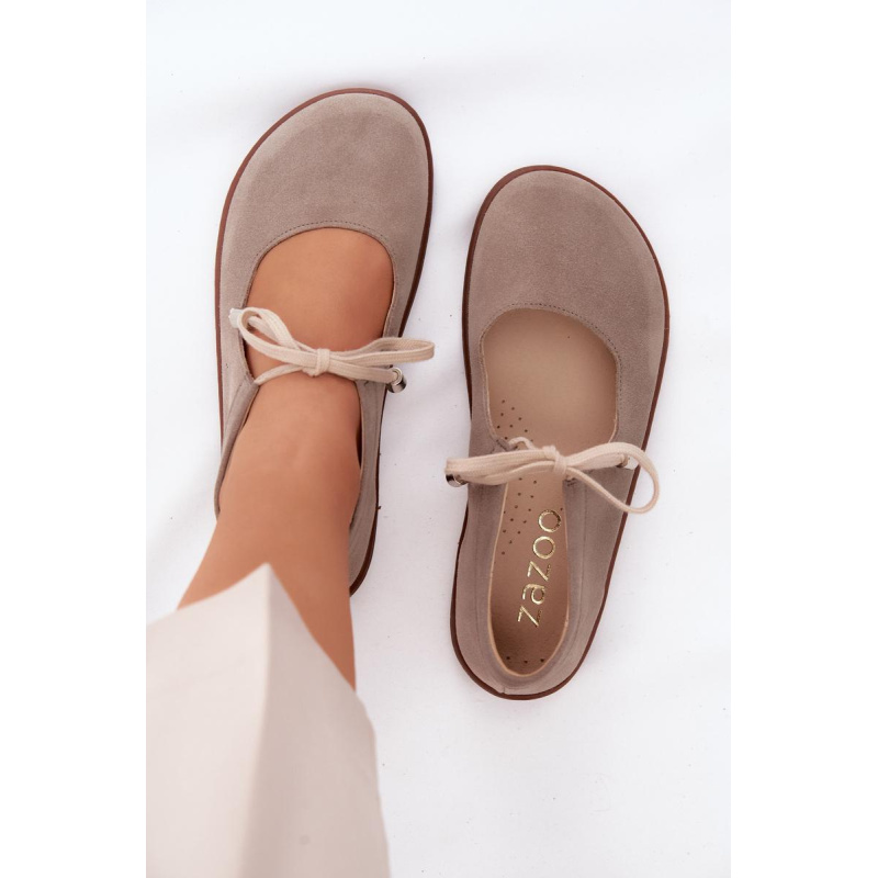 Kožené Semišové Baleríny Barefoot na Šnúrky Zazoo 021 Cappuccino - Béžová