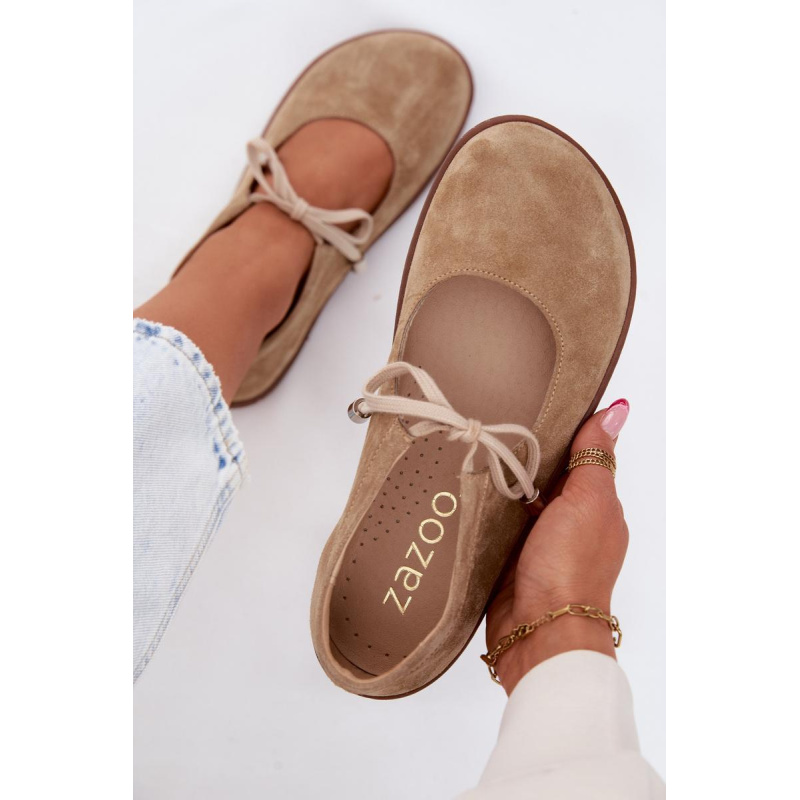 Kožené Semišové Baleríny Barefoot na Šnúrky Zazoo 021 Béžové - Béžová