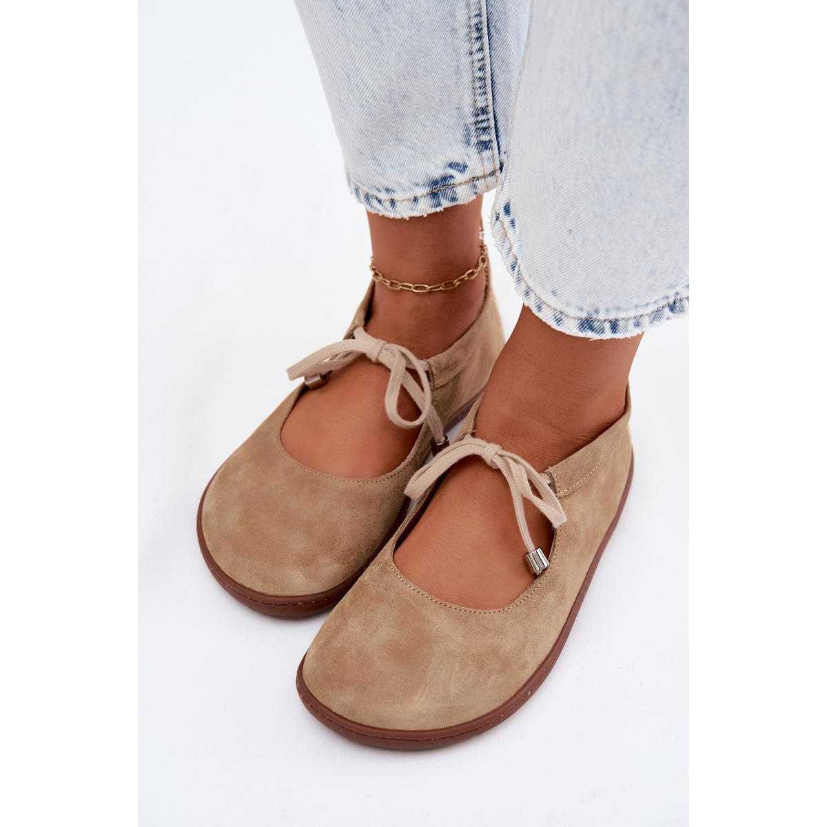 Kožené Semišové Baleríny Barefoot na Šnúrky Zazoo 021 Béžové - Béžová