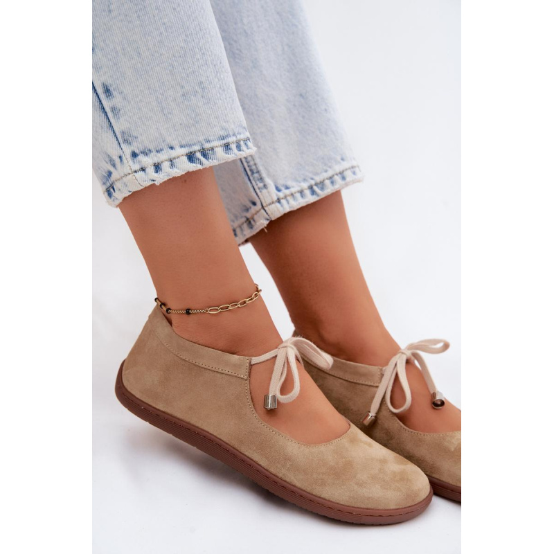Kožené Semišové Baleríny Barefoot na Šnúrky Zazoo 021 Béžové - Béžová