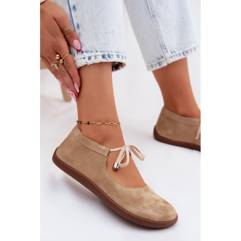 Kožené Semišové Baleríny Barefoot na Šnúrky Zazoo 021 Béžové - Béžová