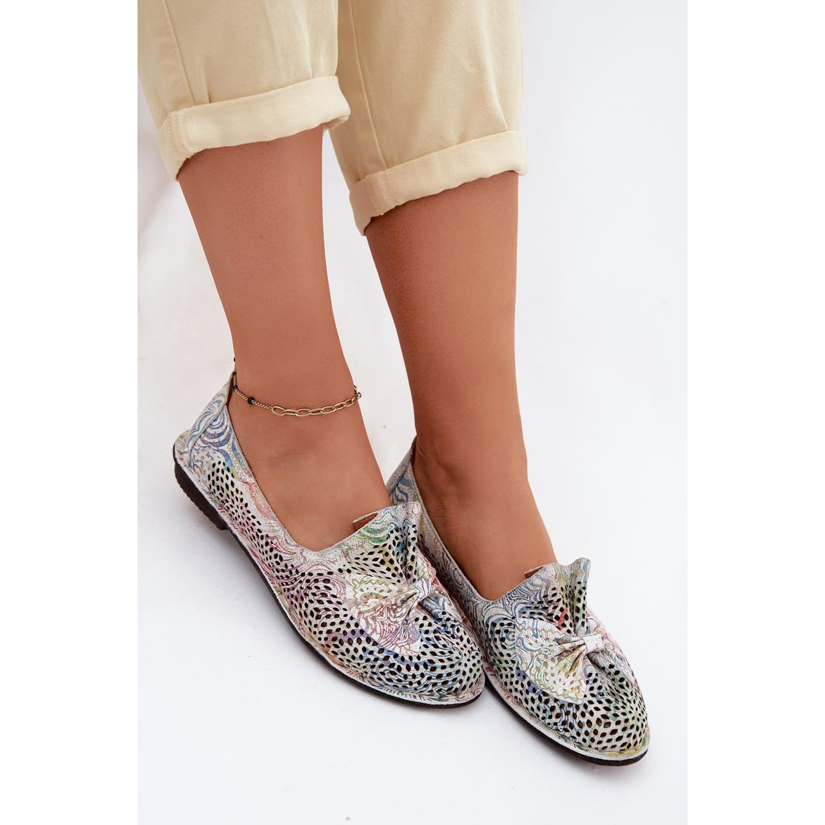 Kožené Ažúrové Balerínky S Mašľou Artiker 58C3481 Multicolor
